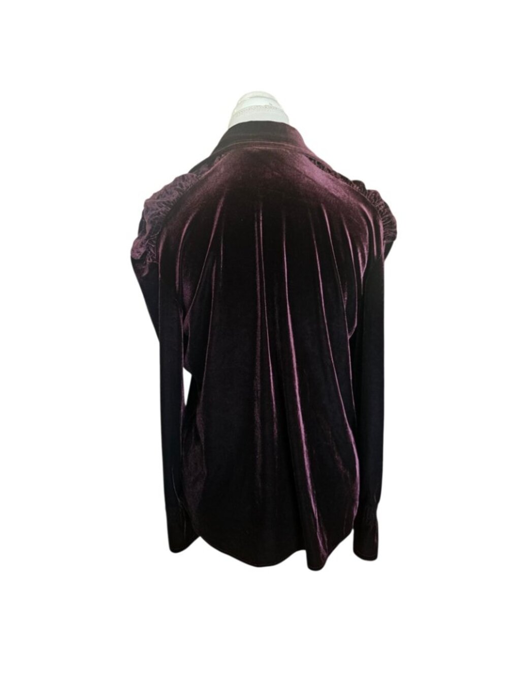Y2K Burgundy Velvet Velour Button Up Shirt Blouse Sz M Ruched Shoulders Purple - Picture 6 of 8